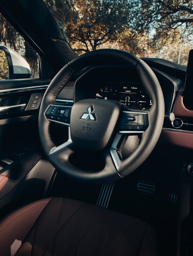 Close up on 2026 Mitsubishi Outlander SUV heated steering wheel