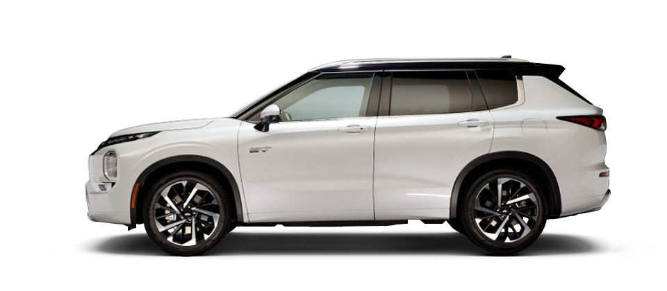 Side profile of a White Diamond 2025 Mitsubishi Outlander PHEV SUV